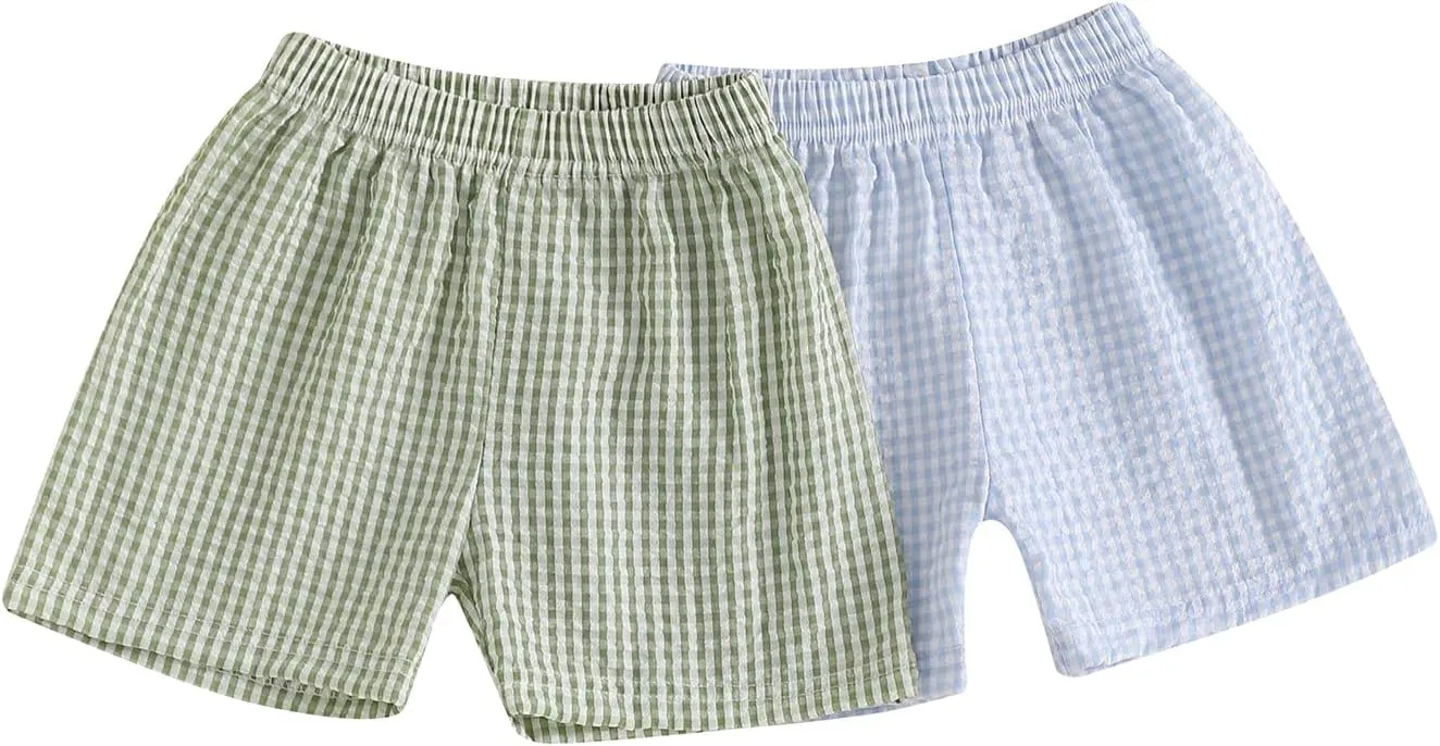 2 Pack Toddler Shorts Boys Girls Elastic Waist Solid Color Gingham Stripe Shorts Bottoms Summer