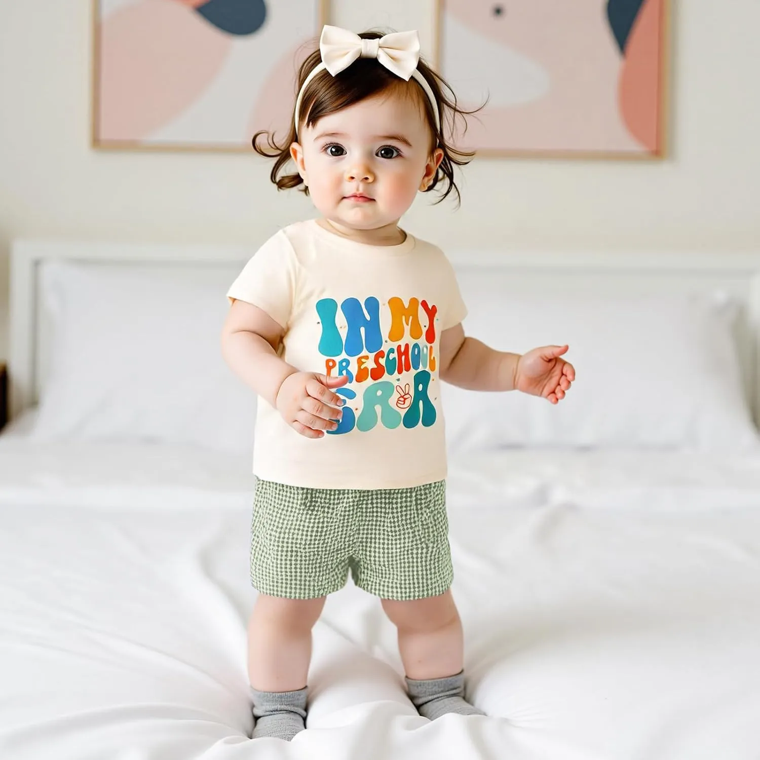 2 Pack Toddler Shorts Boys Girls Elastic Waist Solid Color Gingham Stripe Shorts Bottoms Summer