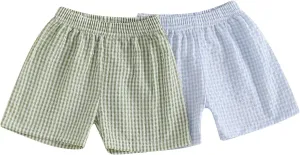 2 Pack Toddler Shorts Boys Girls Elastic Waist Solid Color Gingham Stripe Shorts Bottoms Summer