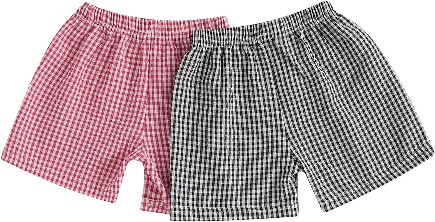 2 Pack Toddler Shorts Boys Girls Elastic Waist Solid Color Gingham Stripe Shorts Bottoms Summer