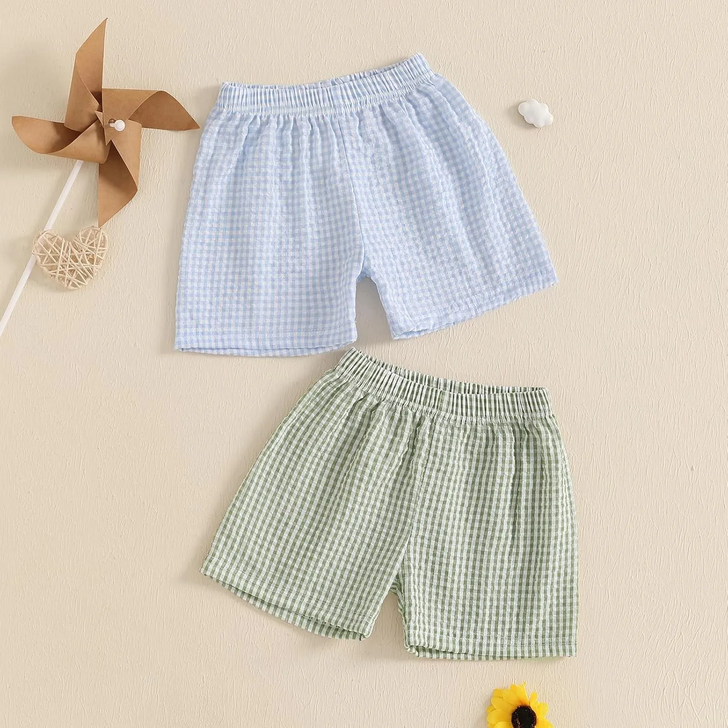 2 Pack Toddler Shorts Boys Girls Elastic Waist Solid Color Gingham Stripe Shorts Bottoms Summer