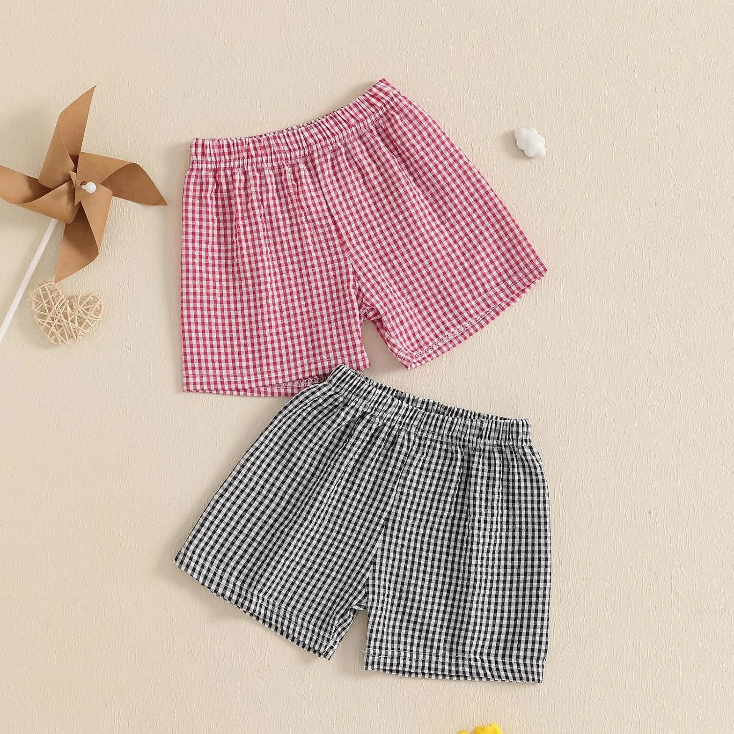 2 Pack Toddler Shorts Boys Girls Elastic Waist Solid Color Gingham Stripe Shorts Bottoms Summer