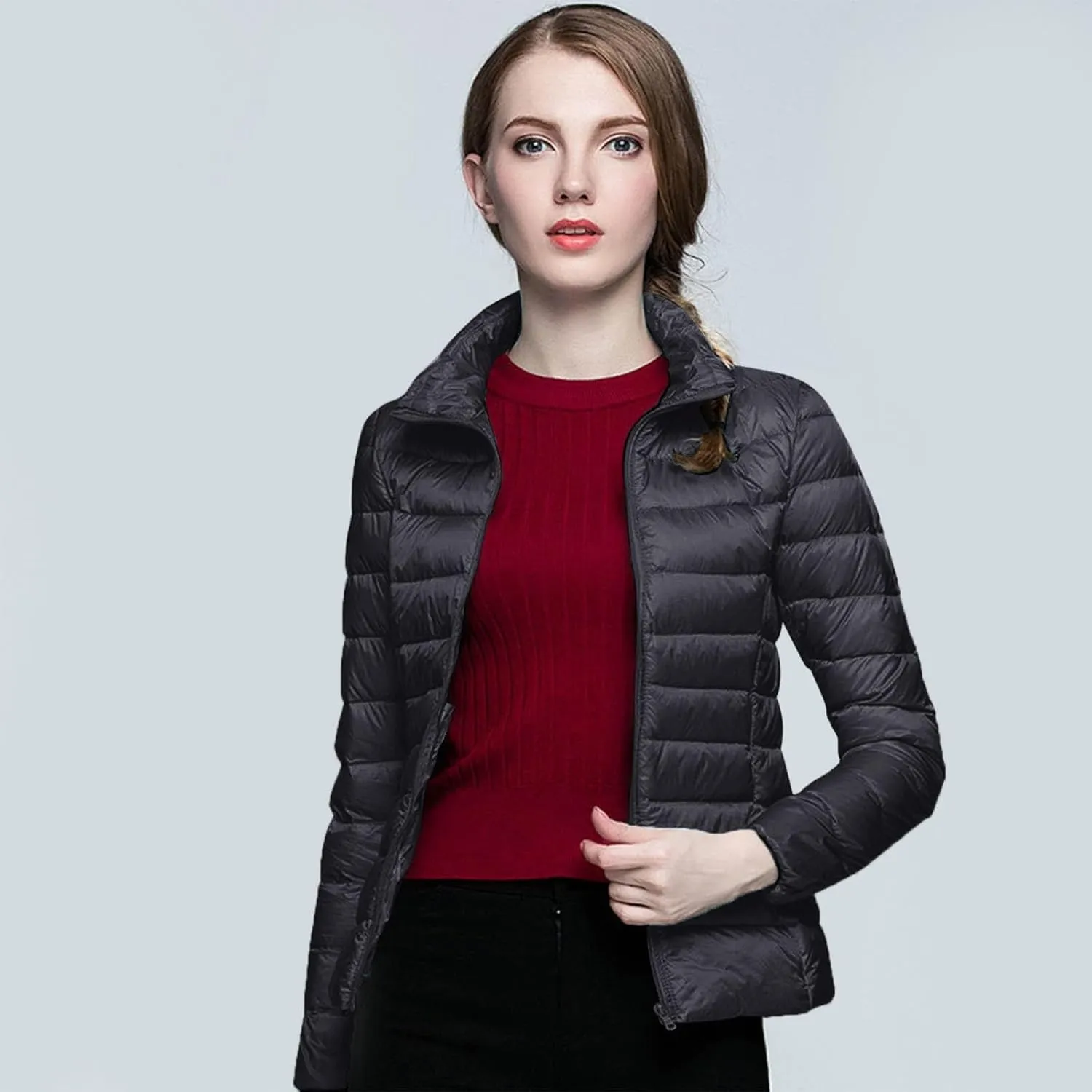2024 Warm Lightweight Hoodless Quilted Down Coat for Womens Long Sleeve Zip Long Puffer Coat Windproof Outdoor Outwear