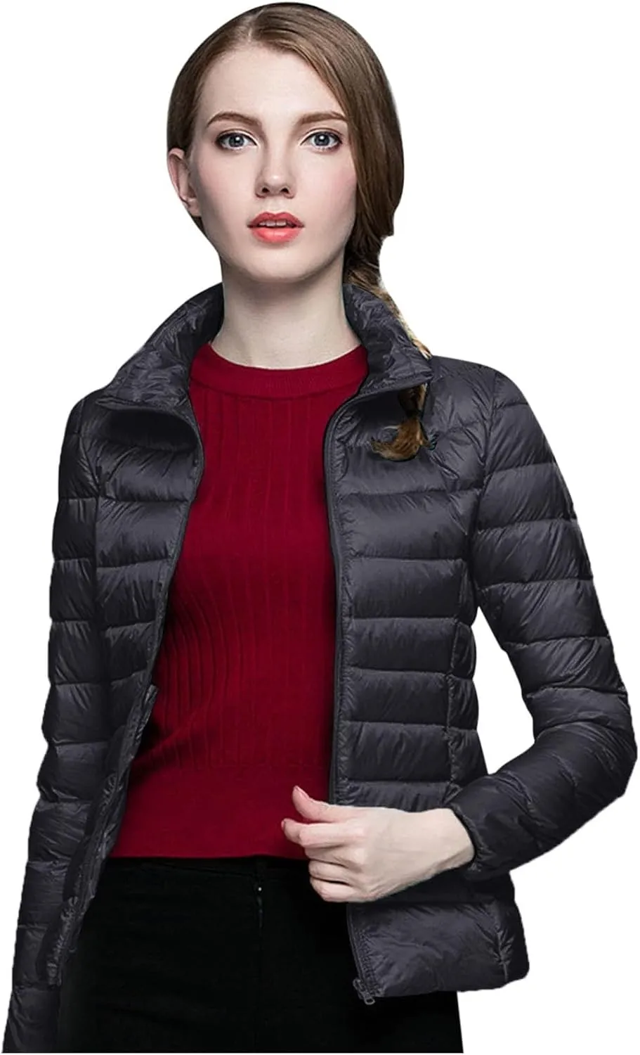 2024 Warm Lightweight Hoodless Quilted Down Coat for Womens Long Sleeve Zip Long Puffer Coat Windproof Outdoor Outwear
