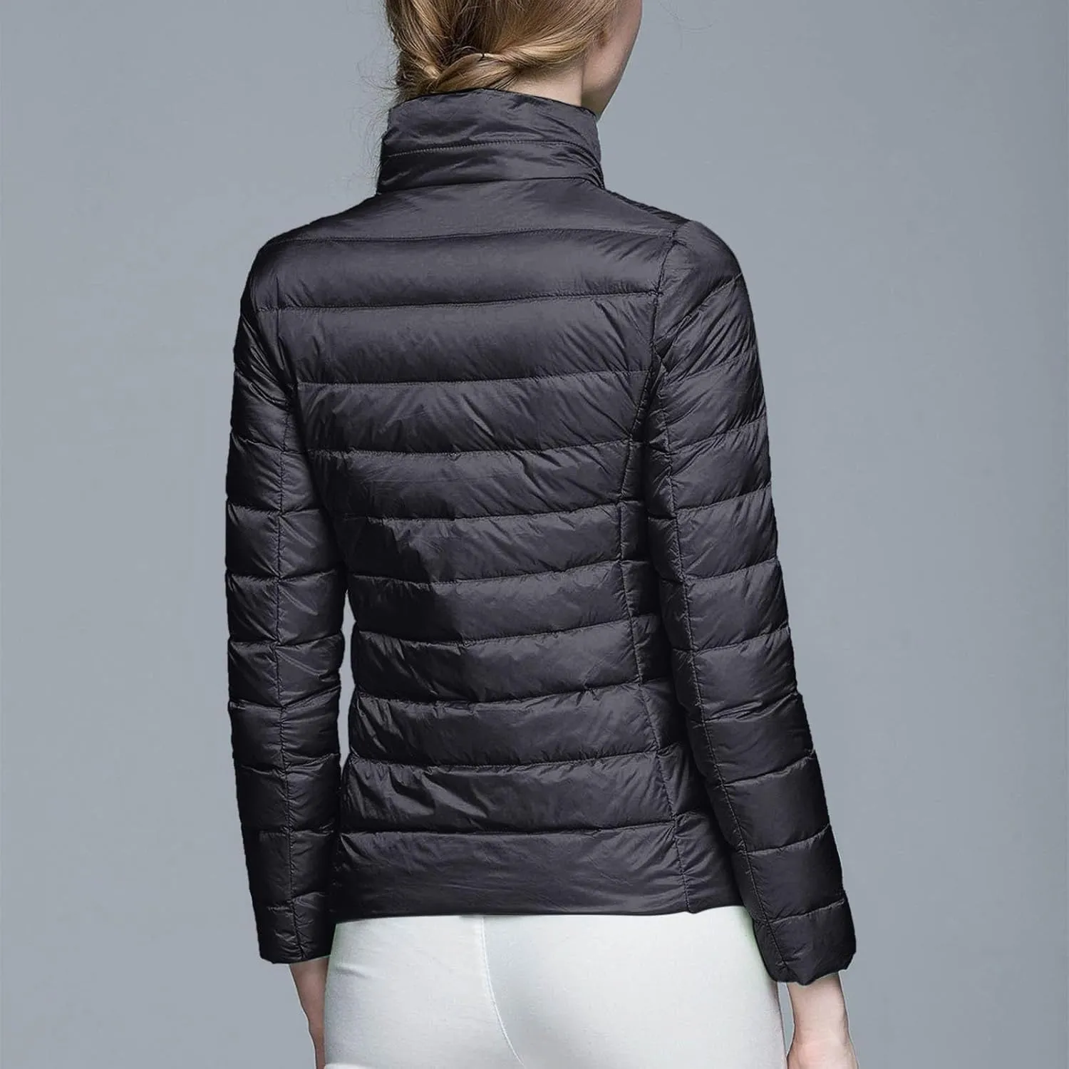 2024 Warm Lightweight Hoodless Quilted Down Coat for Womens Long Sleeve Zip Long Puffer Coat Windproof Outdoor Outwear