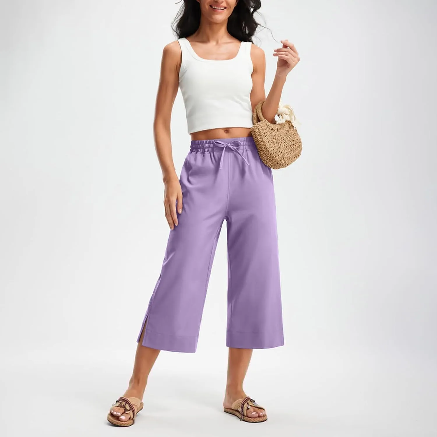 2025 Hot New Capri Pants for Women Mid-Thigh Length Loose Fit Straight Leg Slit Shorts Boho Vacation Outfits