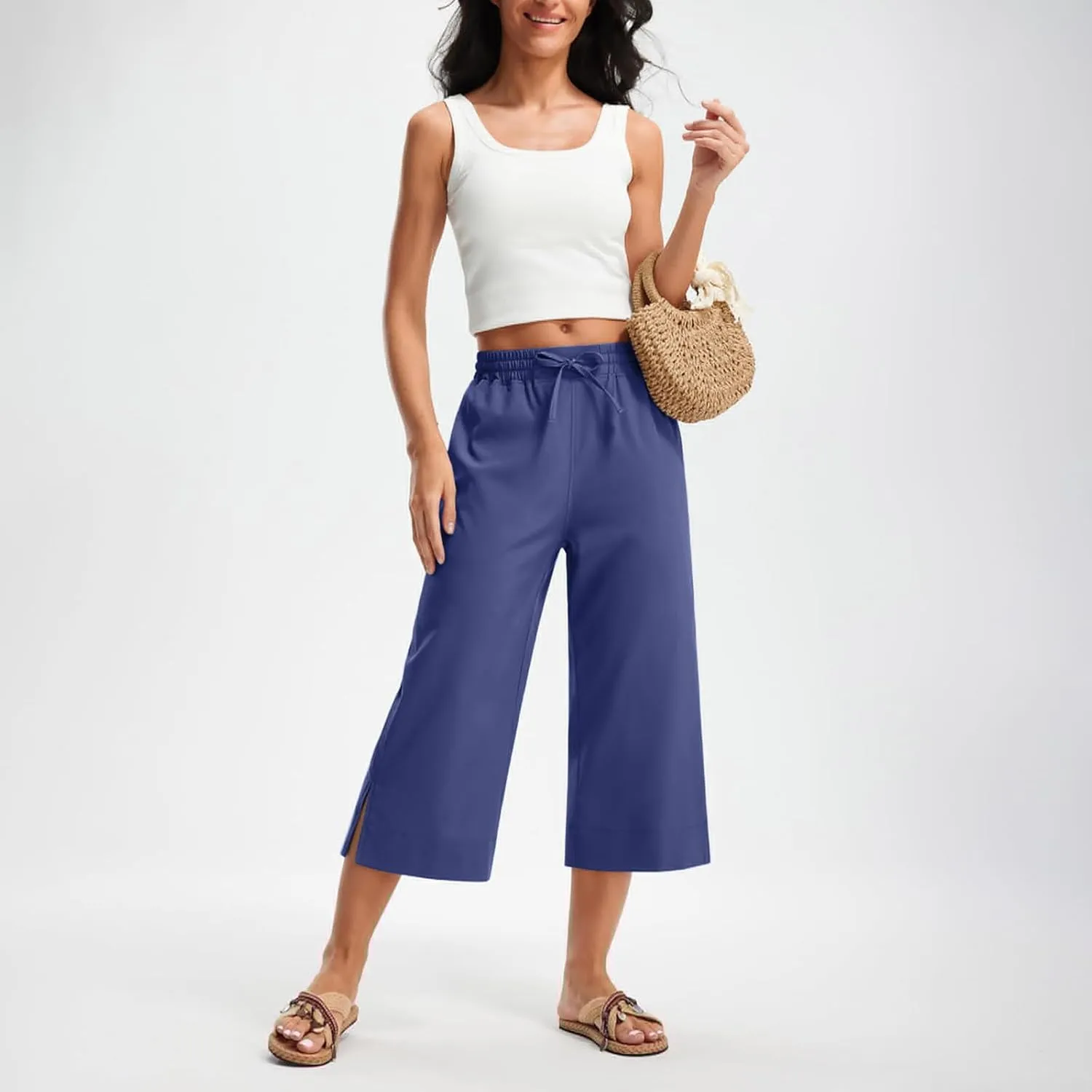 2025 Hot New Capri Pants for Women Mid-Thigh Length Loose Fit Straight Leg Slit Shorts Boho Vacation Outfits