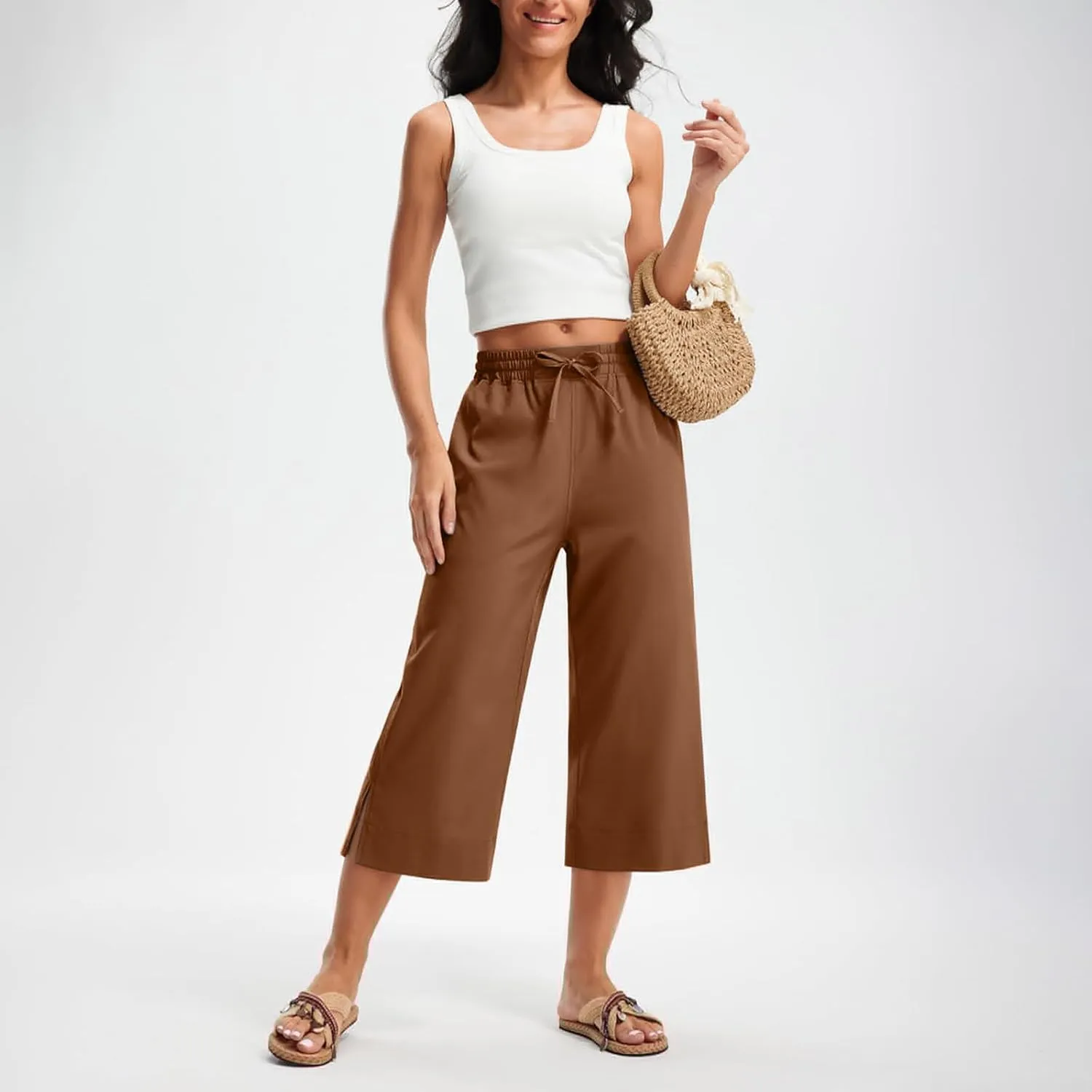 2025 Hot New Capri Pants for Women Mid-Thigh Length Loose Fit Straight Leg Slit Shorts Boho Vacation Outfits