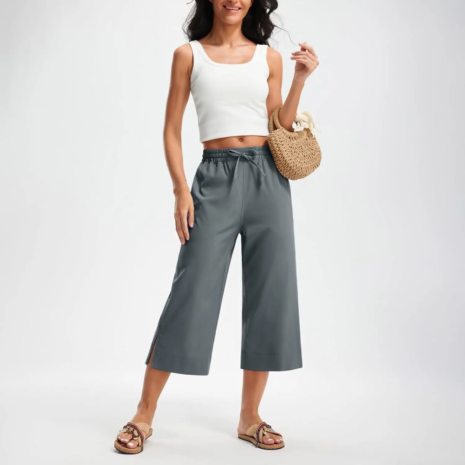 2025 Hot New Capri Pants for Women Mid-Thigh Length Loose Fit Straight Leg Slit Shorts Boho Vacation Outfits