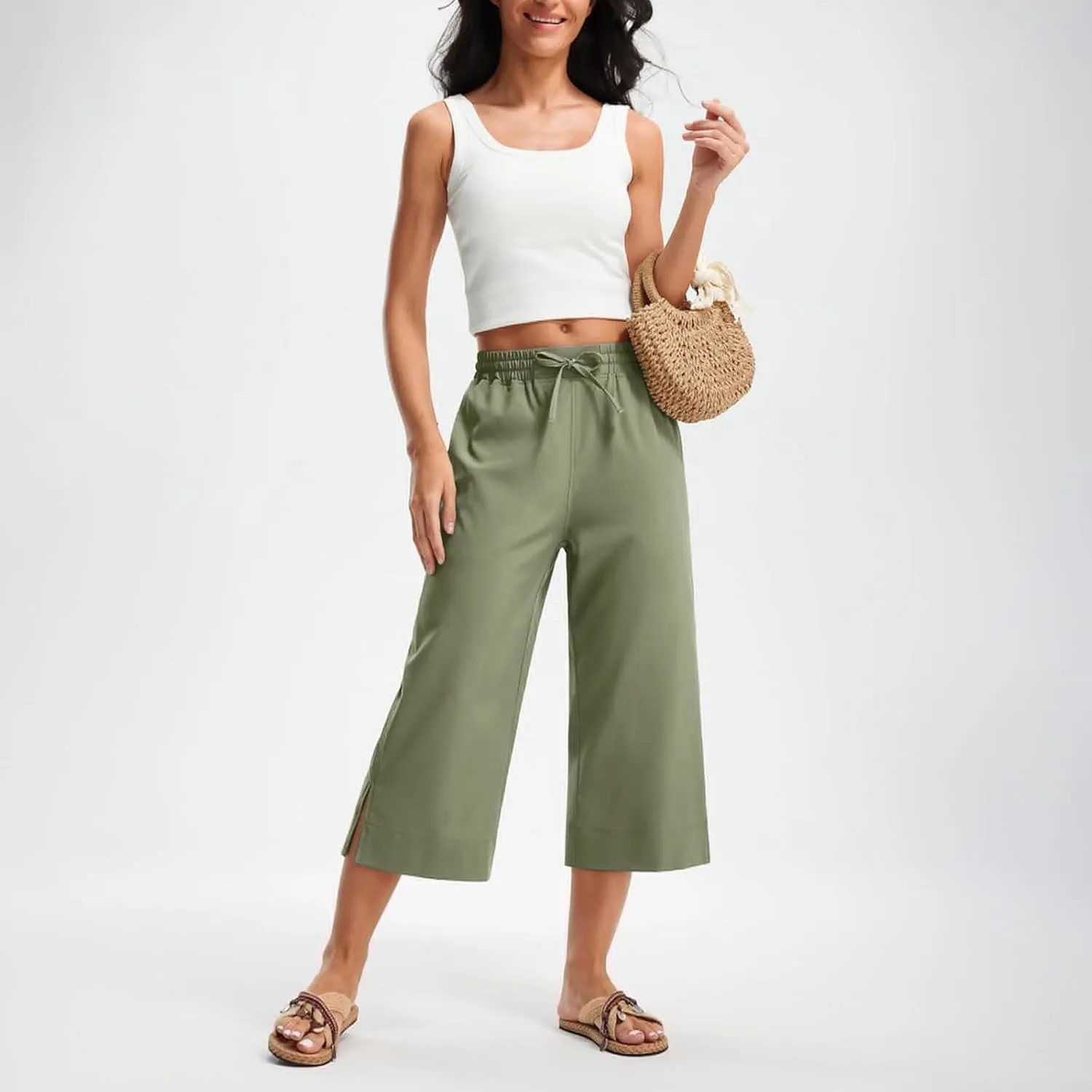 2025 Hot New Capri Pants for Women Mid-Thigh Length Loose Fit Straight Leg Slit Shorts Boho Vacation Outfits