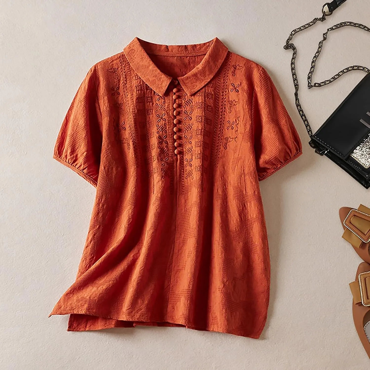 3/4 Length Sleeve Womens Tops Embroidered Print Chinese Shirts Casual Summer Cotton Linen Boho Tops Blouse Clothes
