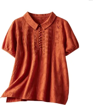3/4 Length Sleeve Womens Tops Embroidered Print Chinese Shirts Casual Summer Cotton Linen Boho Tops Blouse Clothes