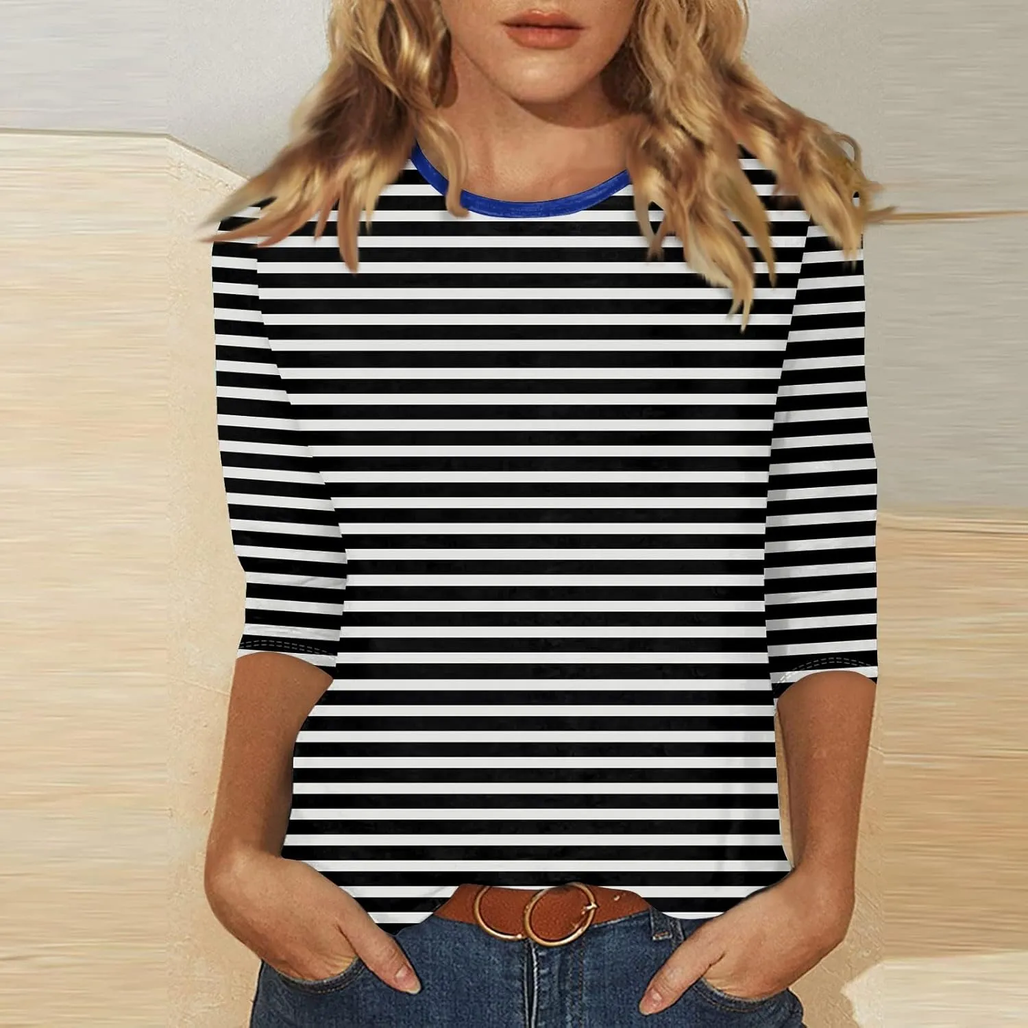 3/4 Length Sleeve Womens Tops Summer Three Quarter Striped Shirts Dressy Casual Printed Tunic Tops Women Blouses