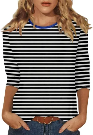 3/4 Length Sleeve Womens Tops Summer Three Quarter Striped Shirts Dressy Casual Printed Tunic Tops Women Blouses