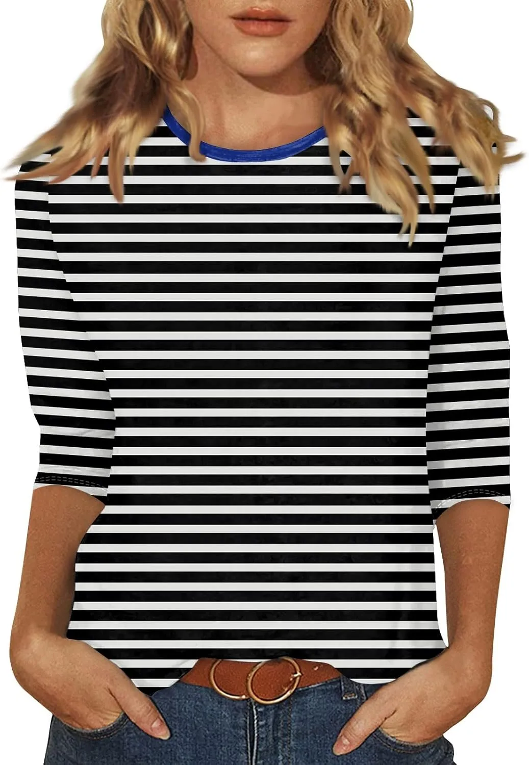 3/4 Length Sleeve Womens Tops Summer Three Quarter Striped Shirts Dressy Casual Printed Tunic Tops Women Blouses