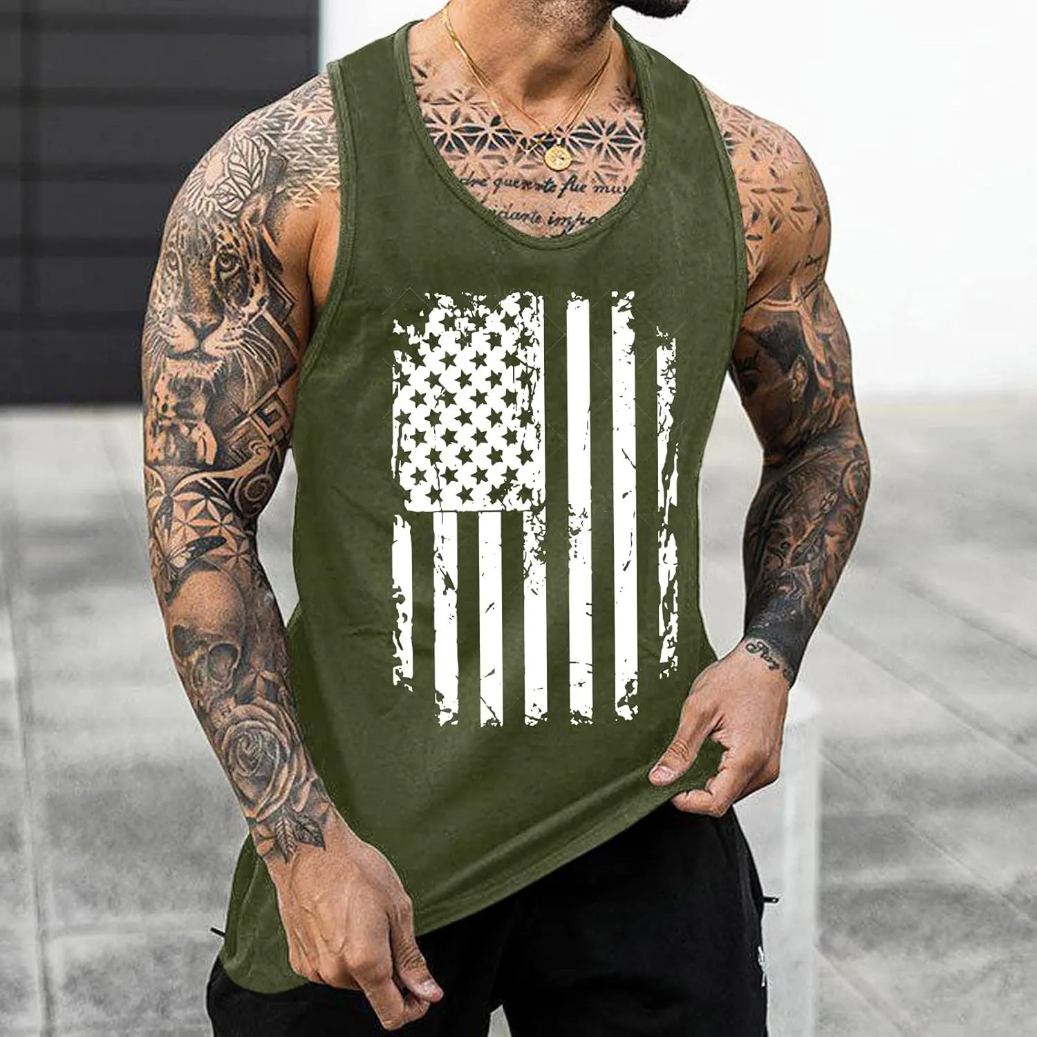 4th of July T-Shirts for Men Independence Day USA Patriotic Sleeveless Tank Tops Retro Star & Striped Graphic Tee Tops