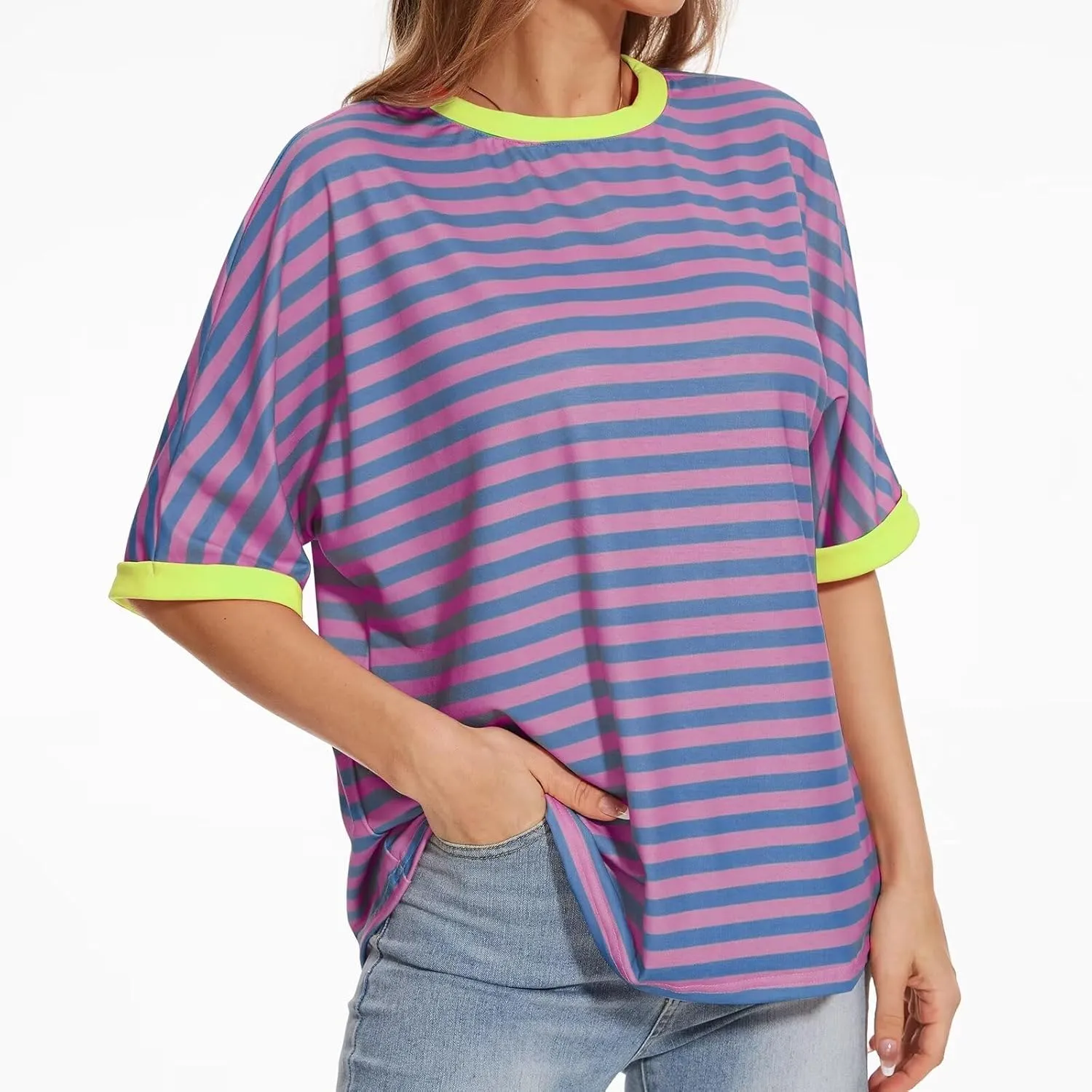 Ahtyeo Women's Oversized T Shirts Striped Short Sleeve Crew Neck Summer Tops Casual Basic Tee 2024 Trendy Shirts