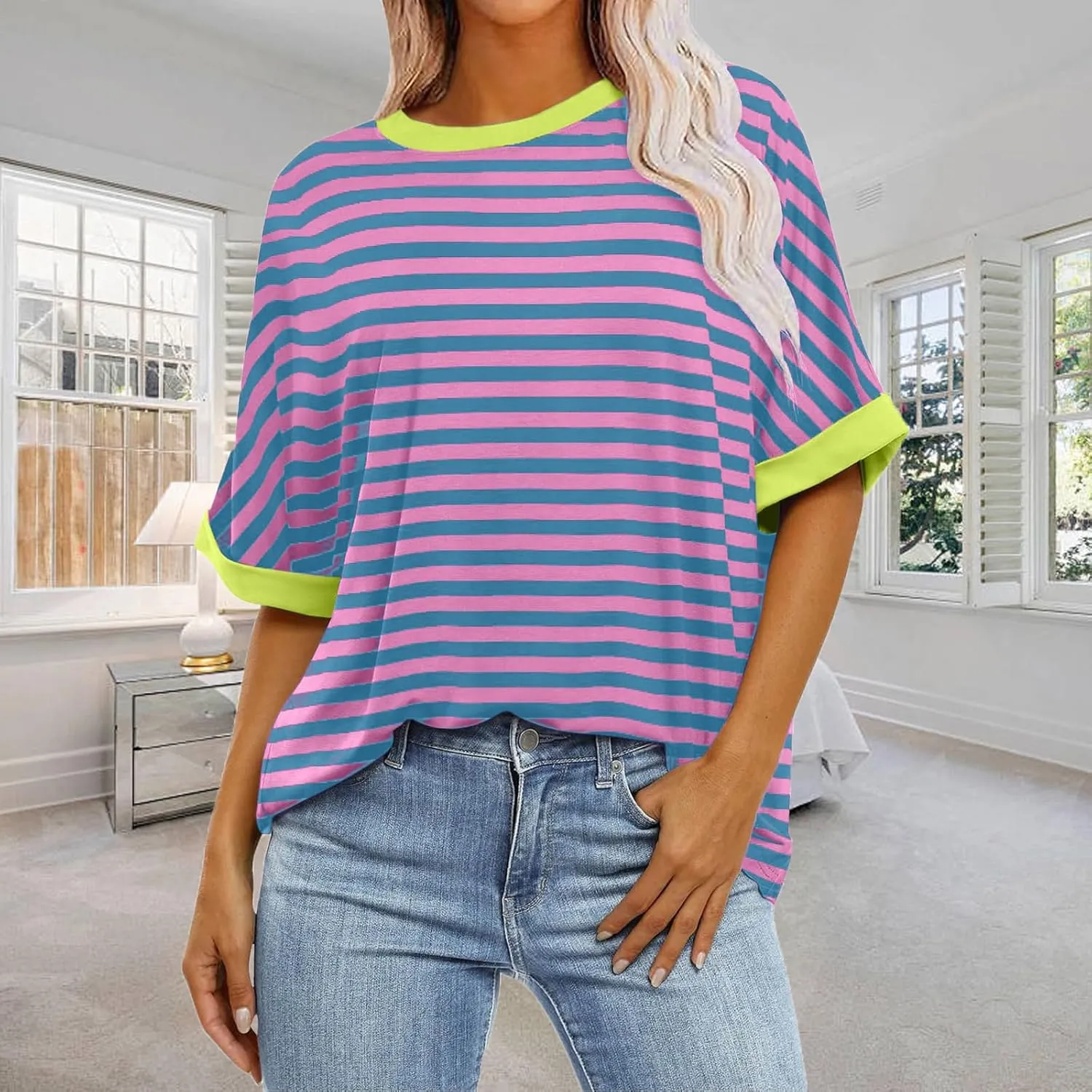 Ahtyeo Women's Oversized T Shirts Striped Short Sleeve Crew Neck Summer Tops Casual Basic Tee 2024 Trendy Shirts