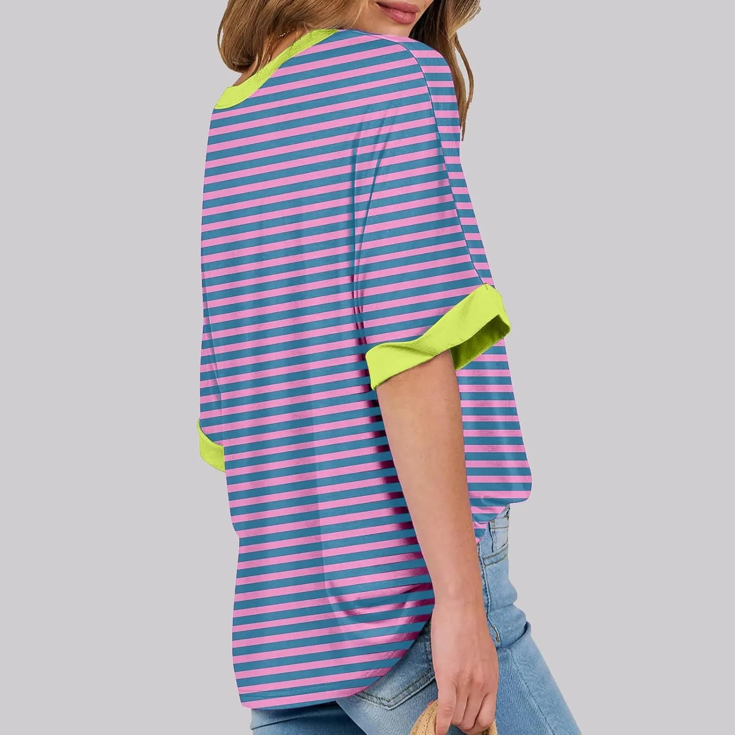 Ahtyeo Women's Oversized T Shirts Striped Short Sleeve Crew Neck Summer Tops Casual Basic Tee 2024 Trendy Shirts