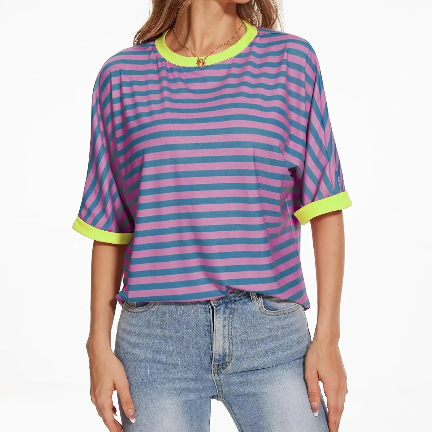 Ahtyeo Women's Oversized T Shirts Striped Short Sleeve Crew Neck Summer Tops Casual Basic Tee 2024 Trendy Shirts