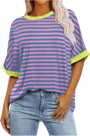 Ahtyeo Women's Oversized T Shirts Striped Short Sleeve Crew Neck Summer Tops Casual Basic Tee 2024 Trendy Shirts