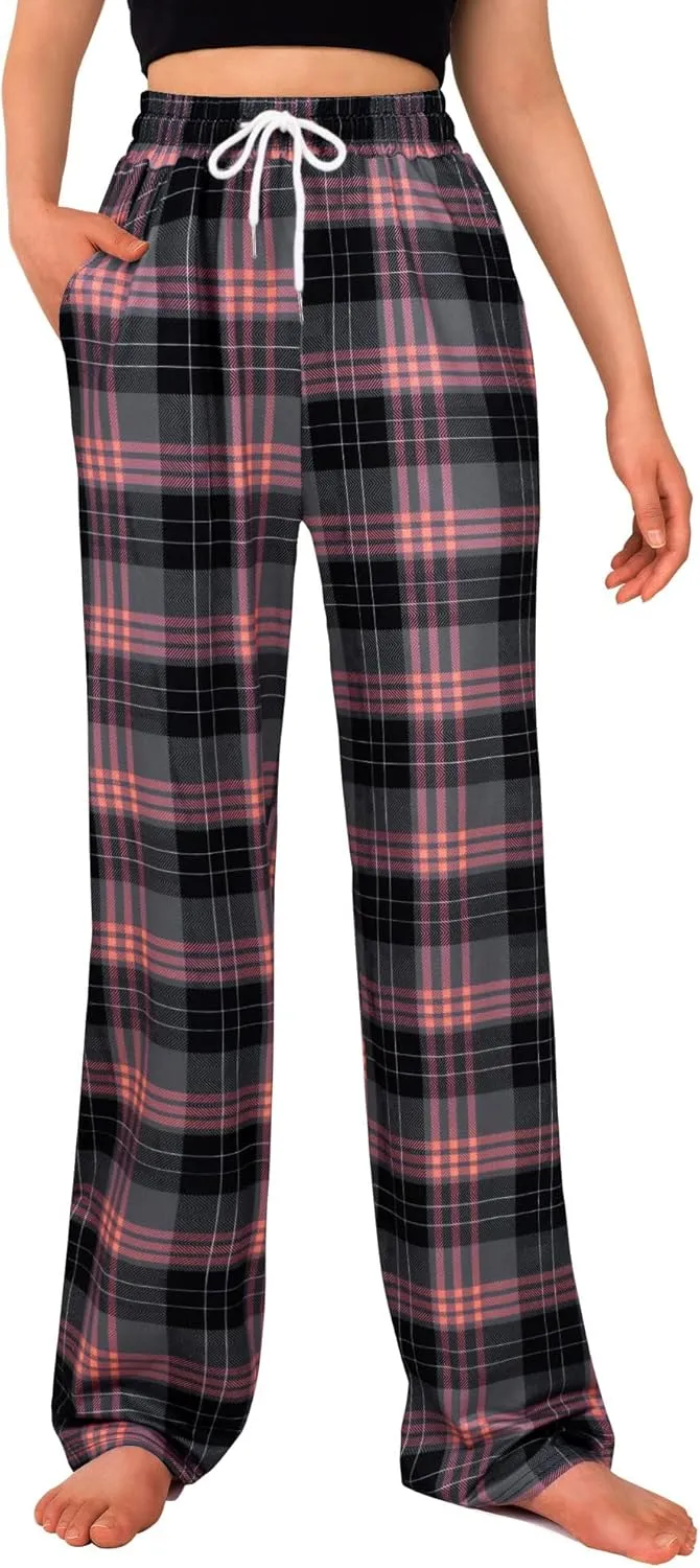 Alimens & Gentle Womens Pajama Pants Plaid Stretch Comfy Lounge Pants Drawstring Sleep Bottoms with Pockets