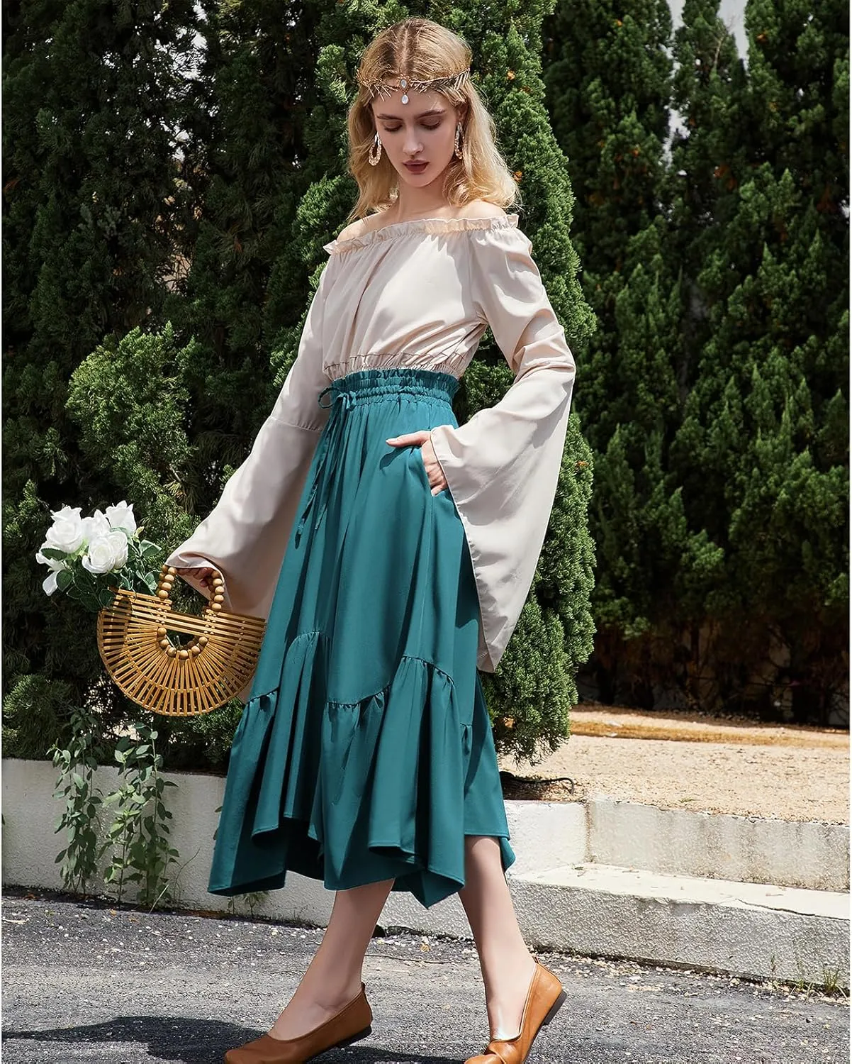 American Trends Maxi Skirts for Women Renaissance Skirt Medieval Womens Long Skirts Flowy Bohemian Pirate Skirts with Pockets