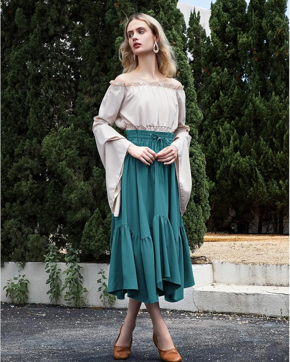 American Trends Maxi Skirts for Women Renaissance Skirt Medieval Womens Long Skirts Flowy Bohemian Pirate Skirts with Pockets
