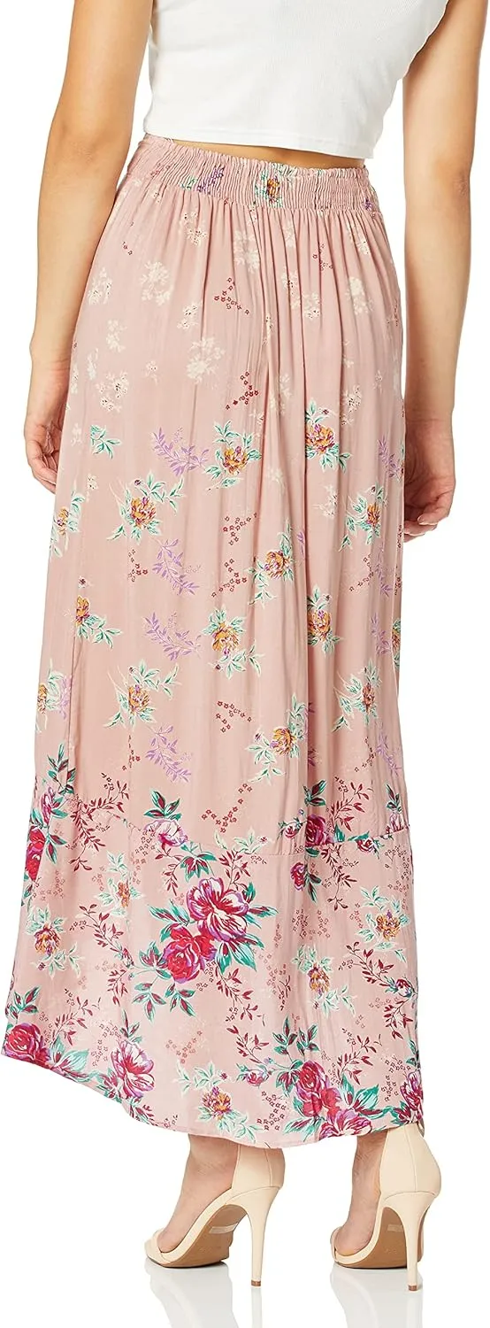 Angie Women's Rose Printed Button Front Ruffle Hem Skirt
