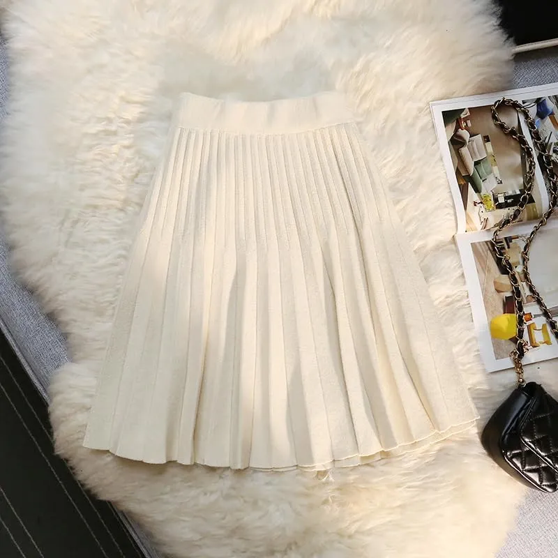 Autumn Winter Knitted Pleated Skirts Women's High Waist A-Line Umbrella Skirts Casual Sexy Slim Short Mini Skirts