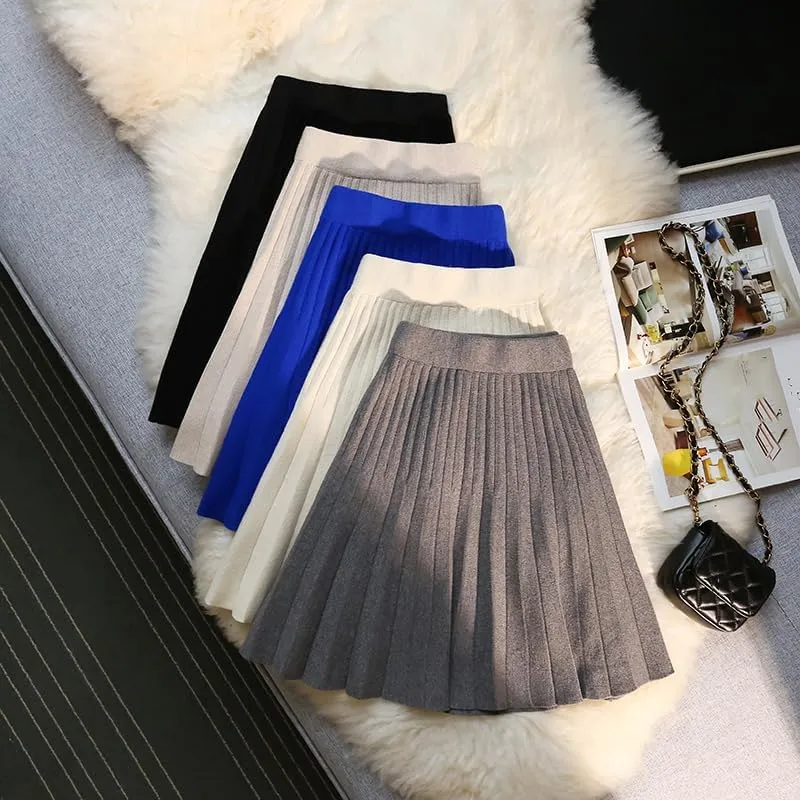Autumn Winter Knitted Pleated Skirts Women's High Waist A-Line Umbrella Skirts Casual Sexy Slim Short Mini Skirts