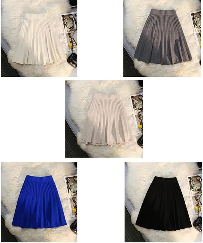 Autumn Winter Knitted Pleated Skirts Women's High Waist A-Line Umbrella Skirts Casual Sexy Slim Short Mini Skirts
