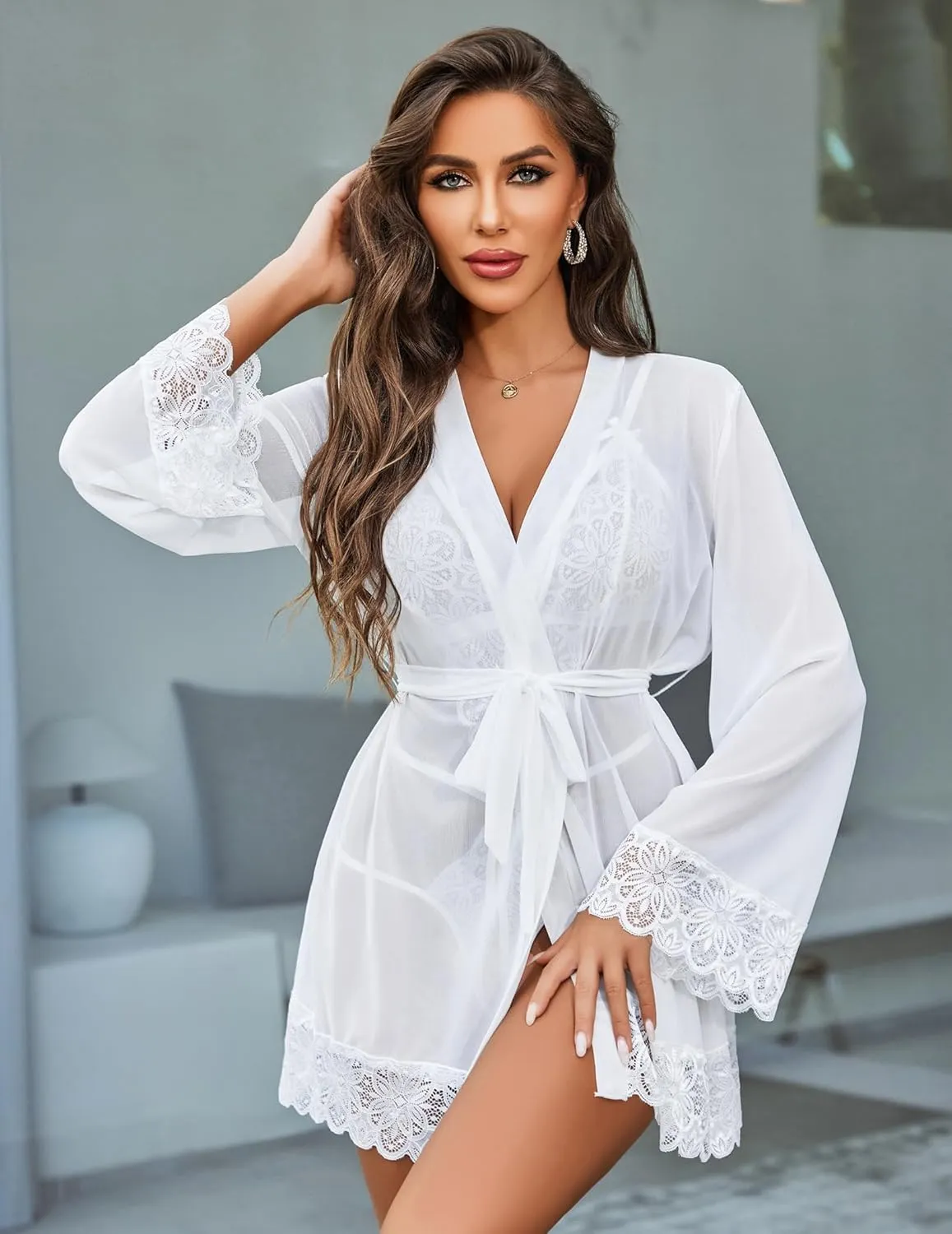 Avidlove Women Sexy Lingerie Set 2 Piece Lace Teddy with Mesh Kimono Robe Bodysuit Nightgown