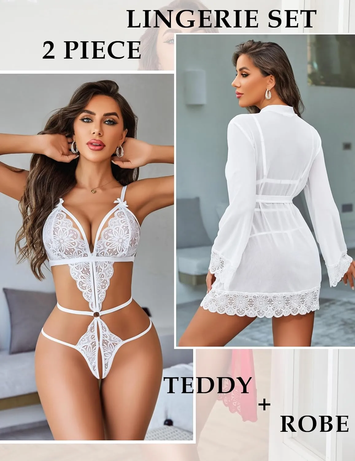 Avidlove Women Sexy Lingerie Set 2 Piece Lace Teddy with Mesh Kimono Robe Bodysuit Nightgown