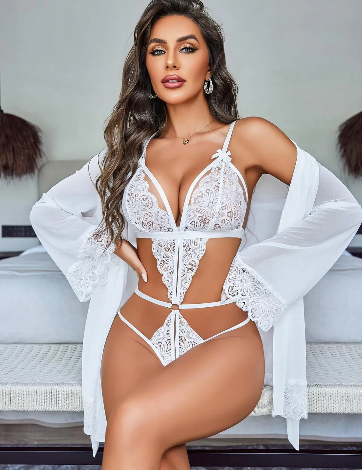 Avidlove Women Sexy Lingerie Set 2 Piece Lace Teddy with Mesh Kimono Robe Bodysuit Nightgown