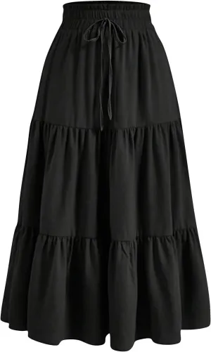 BAXLIMEK Midi Skirts for Women,2025 Spring Summer Trendy Ruffle Tiered A-Line Boho Skirts,Elastic Waist Flowy Beach Dress