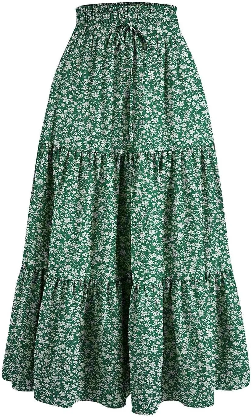 BAXLIMEK Midi Skirts for Women,2025 Spring Summer Trendy Ruffle Tiered A-Line Boho Skirts,Elastic Waist Flowy Beach Dress