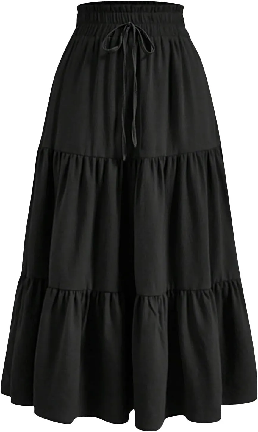 BAXLIMEK Midi Skirts for Women,2025 Spring Summer Trendy Ruffle Tiered A-Line Boho Skirts,Elastic Waist Flowy Beach Dress