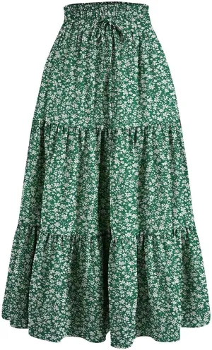 BAXLIMEK Midi Skirts for Women,2025 Spring Summer Trendy Ruffle Tiered A-Line Boho Skirts,Elastic Waist Flowy Beach Dress