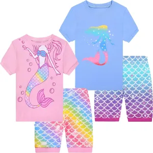 Benaive Girls Summer Pajamas 4 Pieces 100% Cotton Girls PJs Short Sets Kids Sleepwear Size 2T-12 Years