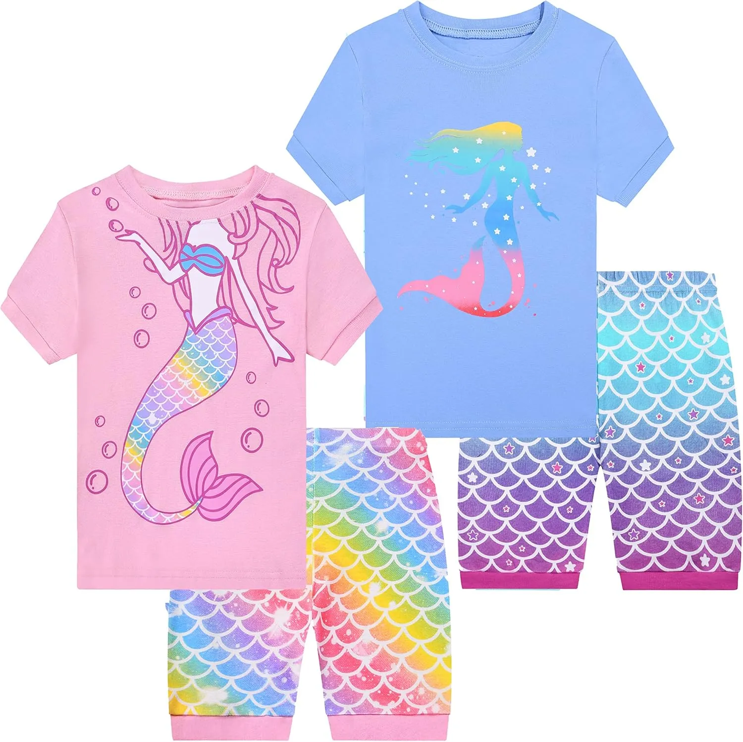 Benaive Girls Summer Pajamas 4 Pieces 100% Cotton Girls PJs Short Sets Kids Sleepwear Size 2T-12 Years