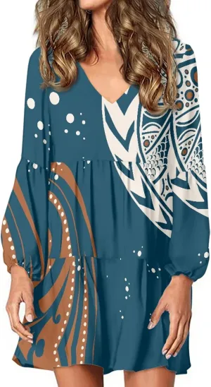 Bengbobar Women Polynesian Tribal Dress Flower V Neck Puff Long Sleeve Casual Elegant Midi Loose Pleated Swing Shift Dresses