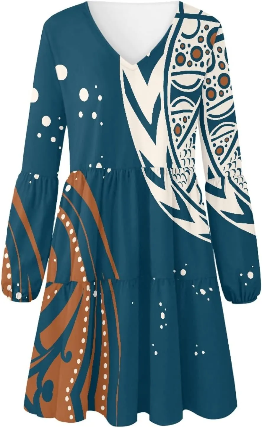 Bengbobar Women Polynesian Tribal Dress Flower V Neck Puff Long Sleeve Casual Elegant Midi Loose Pleated Swing Shift Dresses