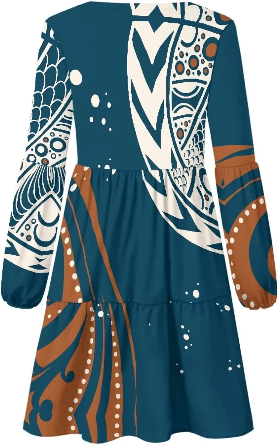 Bengbobar Women Polynesian Tribal Dress Flower V Neck Puff Long Sleeve Casual Elegant Midi Loose Pleated Swing Shift Dresses
