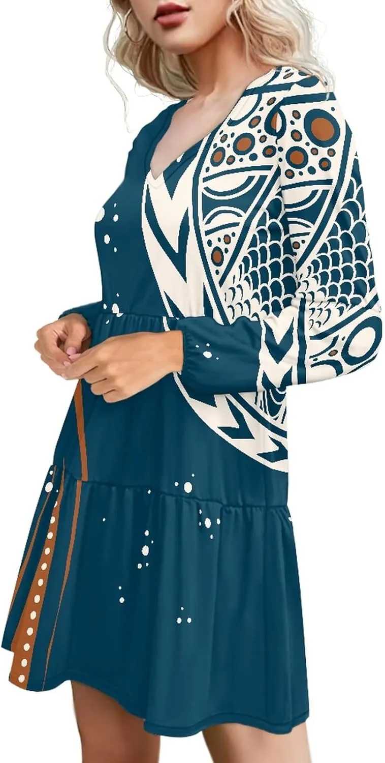 Bengbobar Women Polynesian Tribal Dress Flower V Neck Puff Long Sleeve Casual Elegant Midi Loose Pleated Swing Shift Dresses