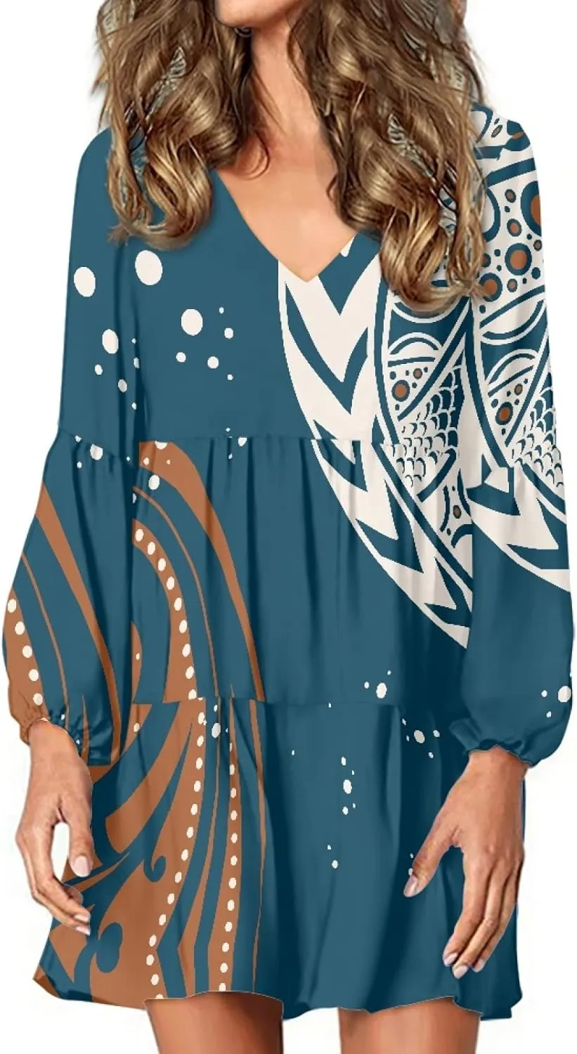 Bengbobar Women Polynesian Tribal Dress Flower V Neck Puff Long Sleeve Casual Elegant Midi Loose Pleated Swing Shift Dresses
