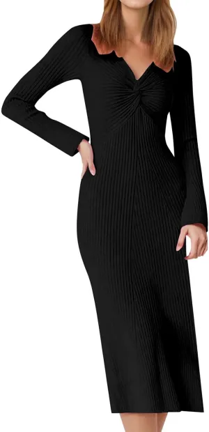 Bodycon Sweater Dresses for Women Spring Knit Long Sleeve V Neck Long Corset Dress Cocktail Party Vintage Hawaii Outfits