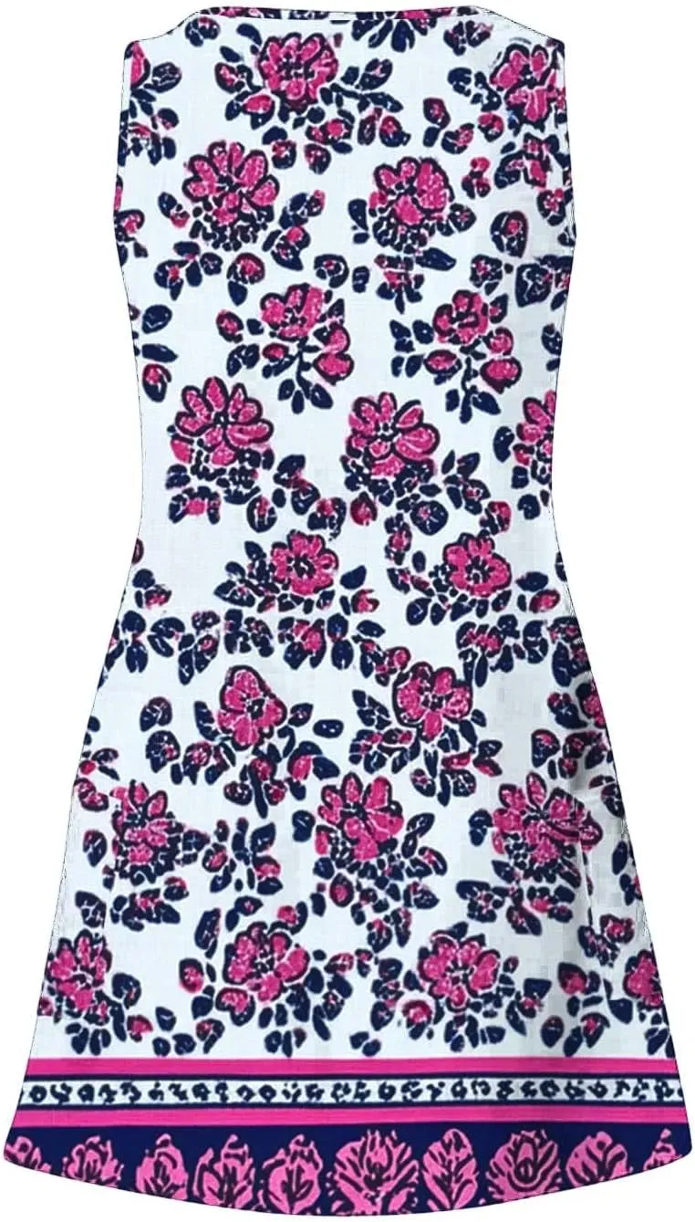 Boho Dress for Women 2025 Summer V-Neck Sleeveless Mini Dresses with Pocket Floral Print Beach Vacation Sundress