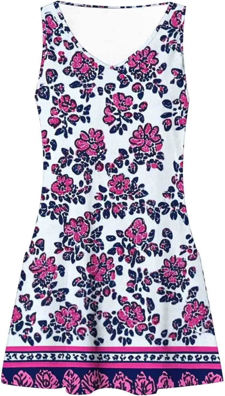 Boho Dress for Women 2025 Summer V-Neck Sleeveless Mini Dresses with Pocket Floral Print Beach Vacation Sundress