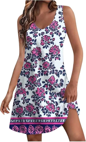 Boho Dress for Women 2025 Summer V-Neck Sleeveless Mini Dresses with Pocket Floral Print Beach Vacation Sundress